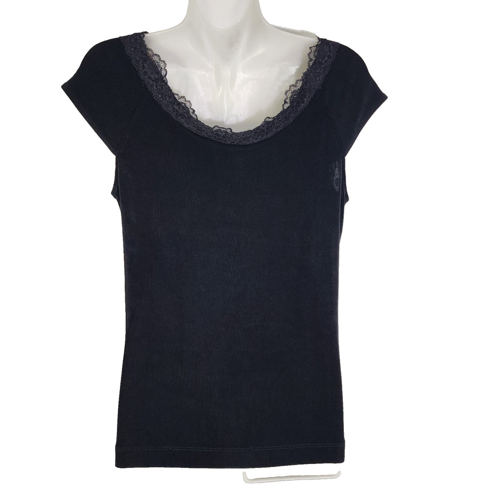 Chico’s Travelers Women’s Top Small Black Slinky Knit Cap Sleeve Lace Scoop Neck - Picture 2 of 9